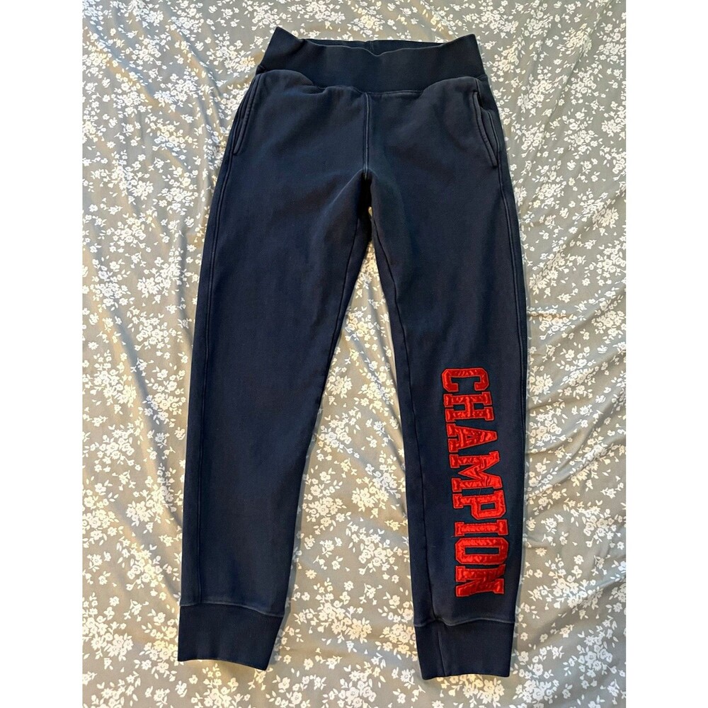 Champion Reverse Weave Sweatpants Size Small Navy Joggers Red Spell Out Fleece